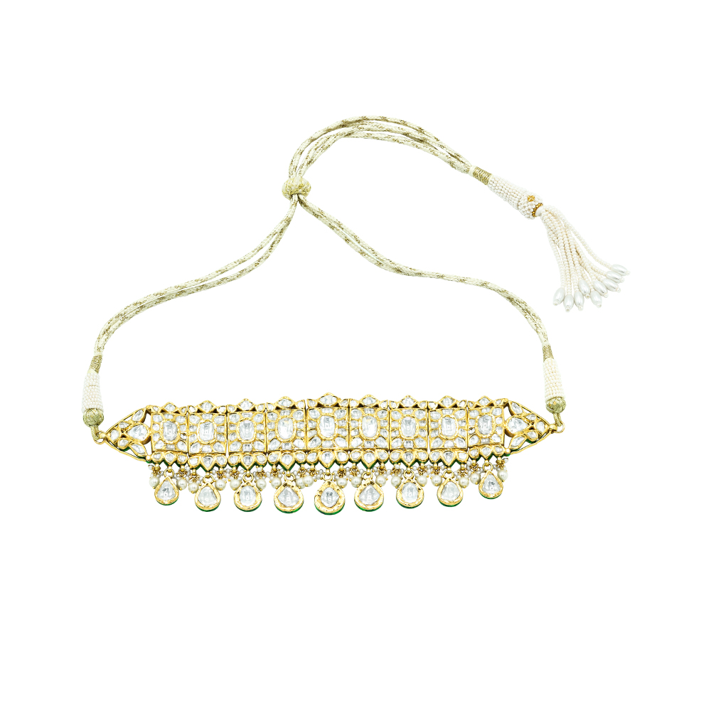 Polki Choker with Square and Teardrop Settings and Pearl Drops